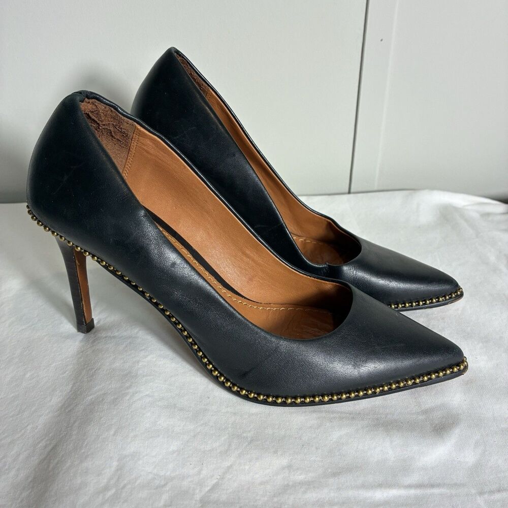 Coach Heels Sz 5 Vonna Black Leather Pointed Toe Gold Bead Chain High Heel Pump - Picture 2 of 13